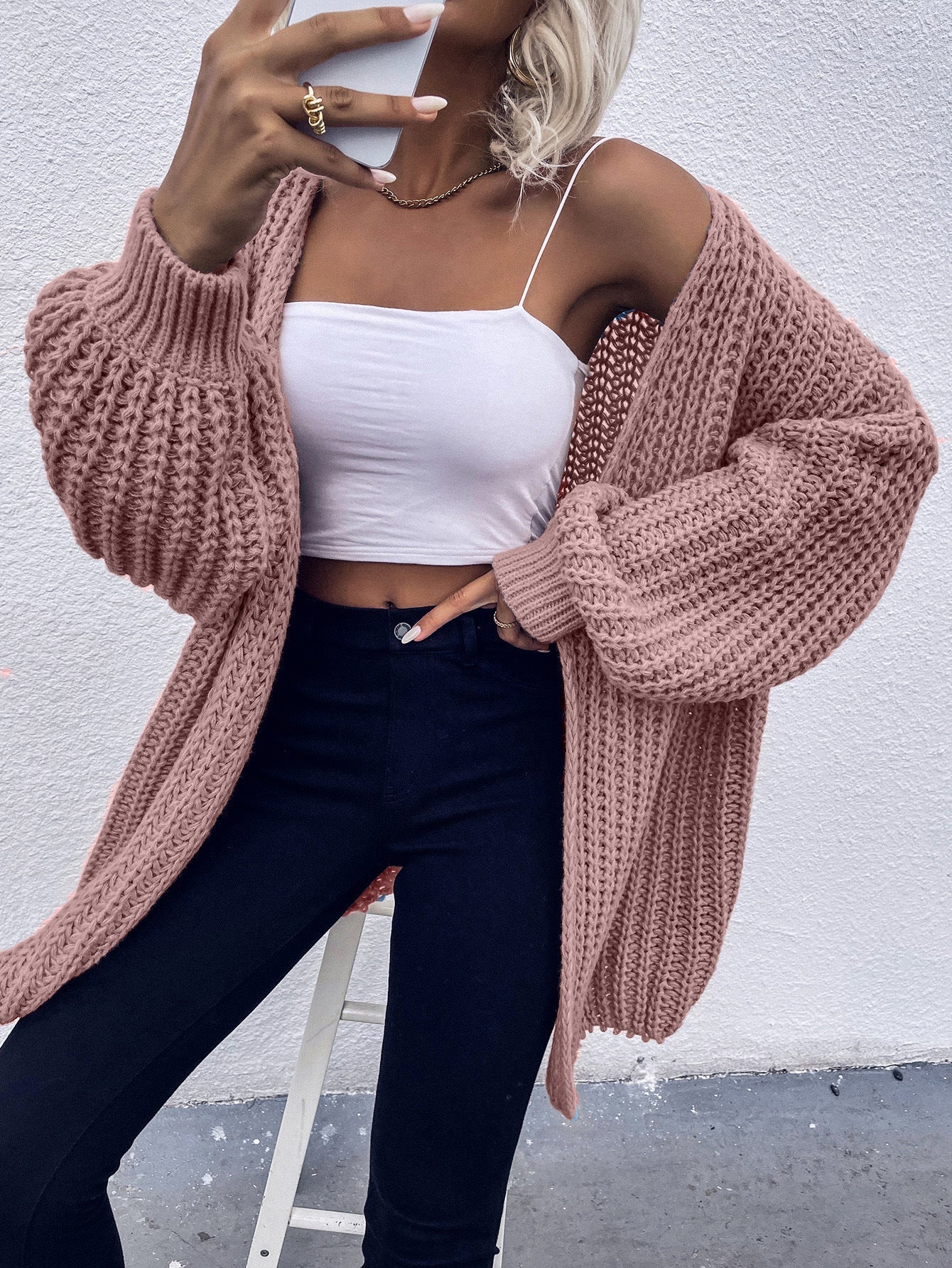 Street-Wave Cozy Chunky Knit Cardigan For Women With Oversized Sleeves And Open Front