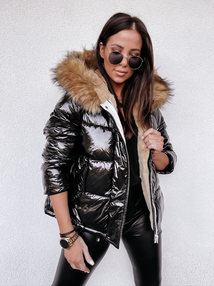 Street-wave Women's Shiny Puffer Jacket With Detachable Hood And Faux Fur Collar