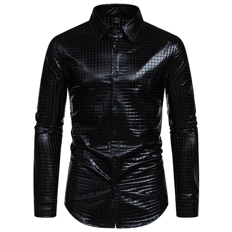 Street Wave Mens Shiny Shirt With Exclusive Square Pattern For Festive Glam Look