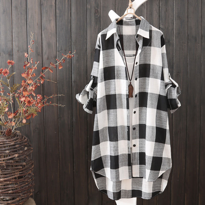 Street-wave Women's Oversized Plaid Shirt Breathable Cotton With Rolled Sleeves Casual Chic