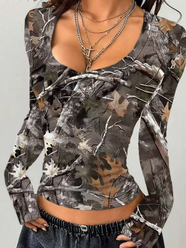 Street Wave Women Camouflage Long Sleeve Top With VNeck And Modern Details For Everyday Wear