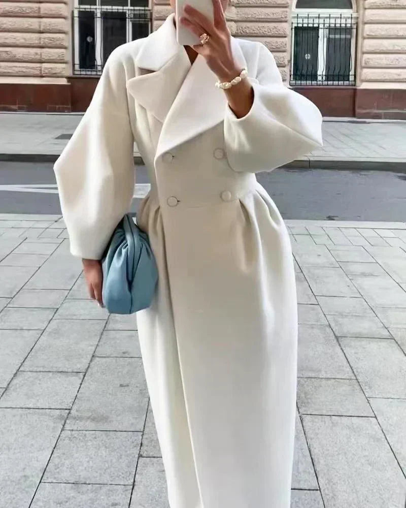 Street-Wave Womens Wool Blend Coat Double-Breasted Tailored With Wide Sleeves Elegant Collar