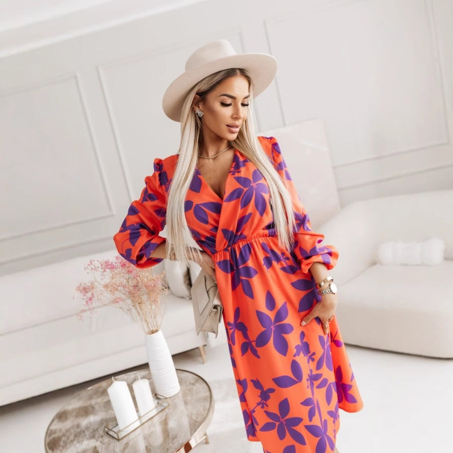 Street Wave Womens Midi Dress V Neck Puff Sleeves Floral Print For Women