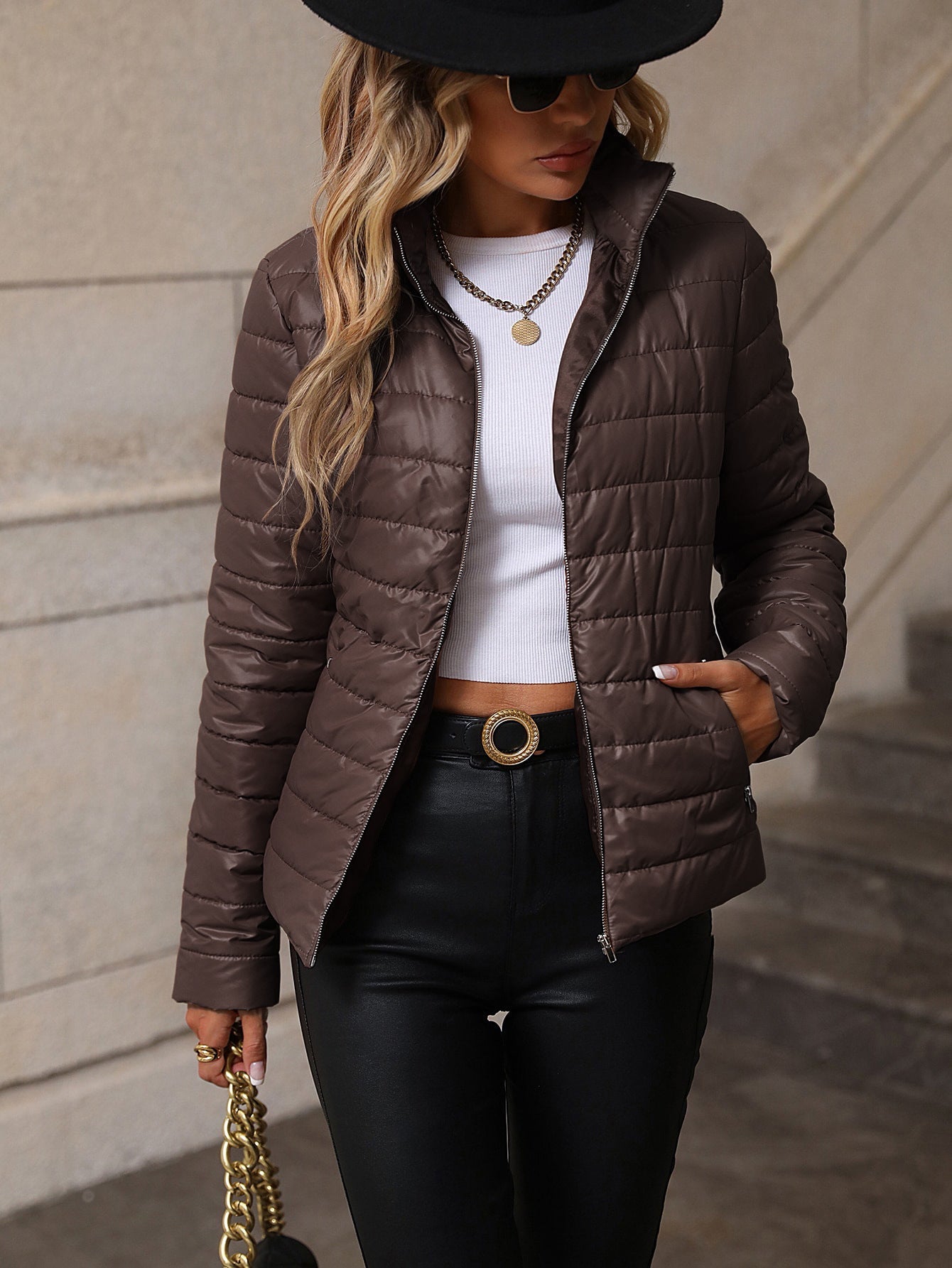 Street-Wave Quilted Cotton Puffer Jacket for Women with Stand Collar and Full Zip, Fitted Silhouette