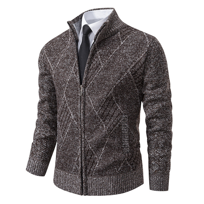 Street-wave Mens Knit Cardigan With Modern Diamond Pattern Zip Front Slim Fit Premium Look