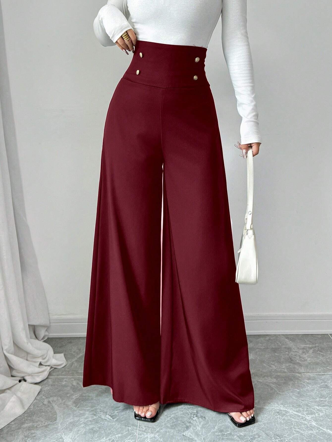 Street Wave Womens Wide Leg High Waist Pants With Decorative Buttons For Elegant Everyday Wear