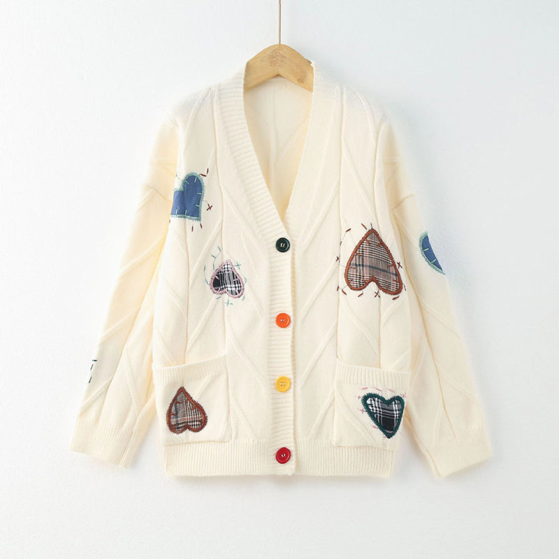 Street-Wave Heart Embroidered Pullover Cardigan For Women Cozy V-Neck With Buttons And Pockets