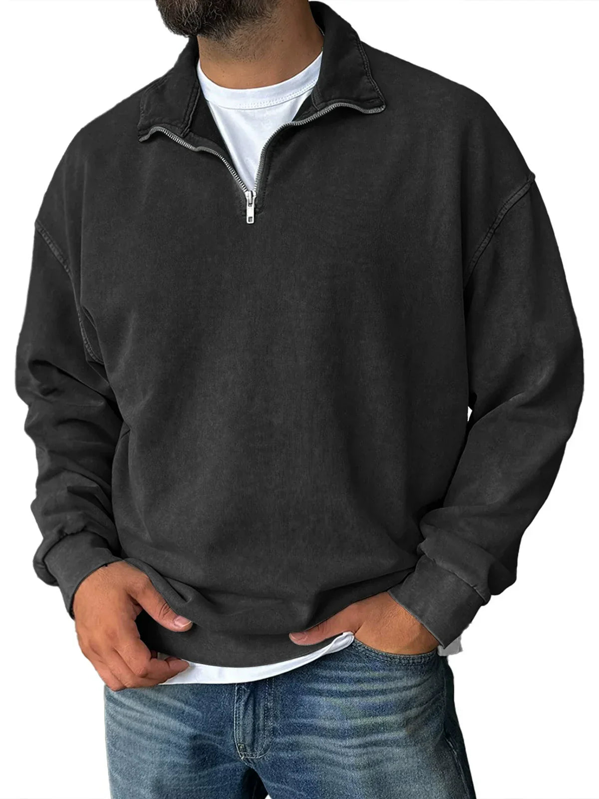 Street-Wave Mens Relaxed Fit Cotton Blend Half Zip Sweatshirt With Stand Collar