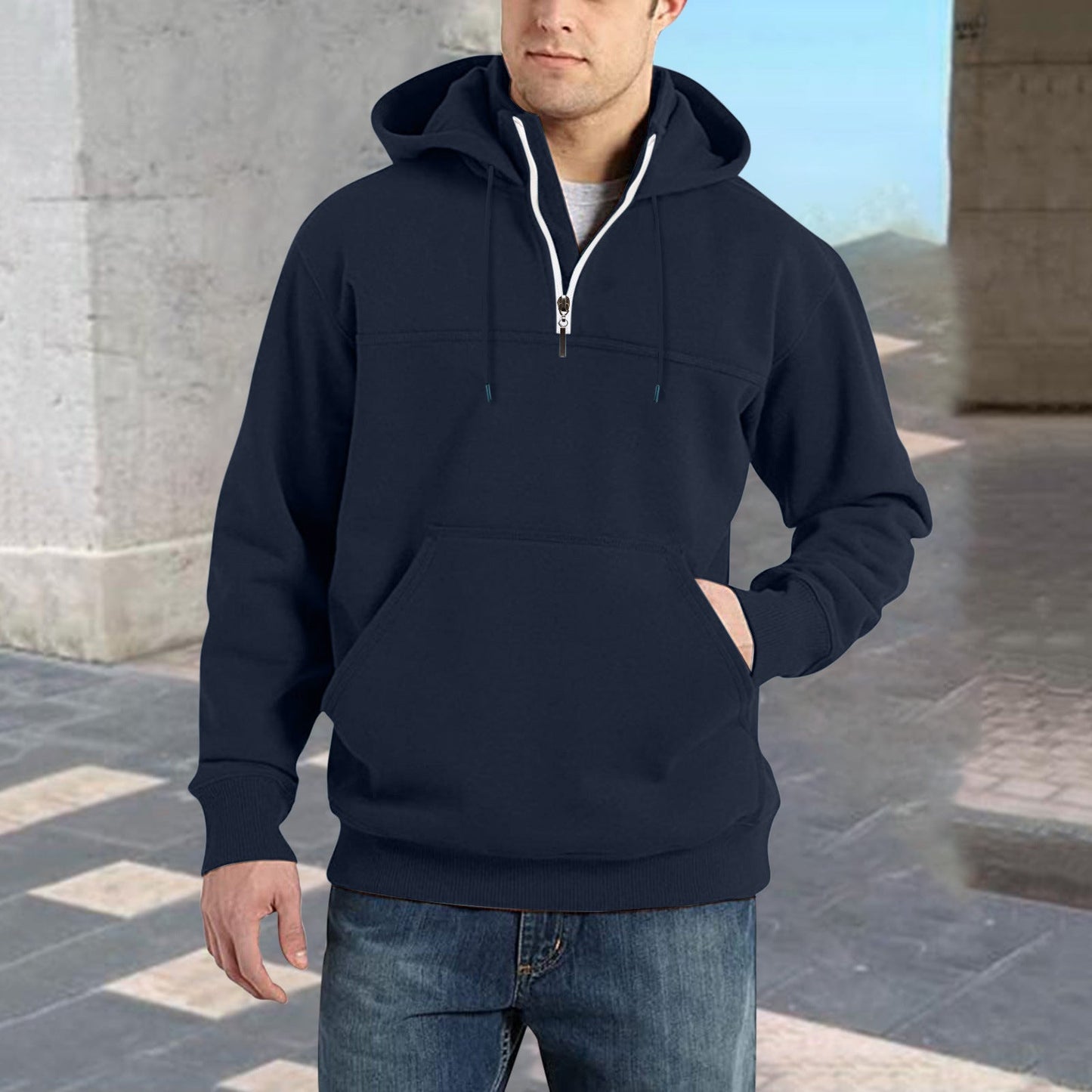 Street Wave Mens Half Zip Hoodie With Kangaroo Pocket For Casual Athleisure Comfort