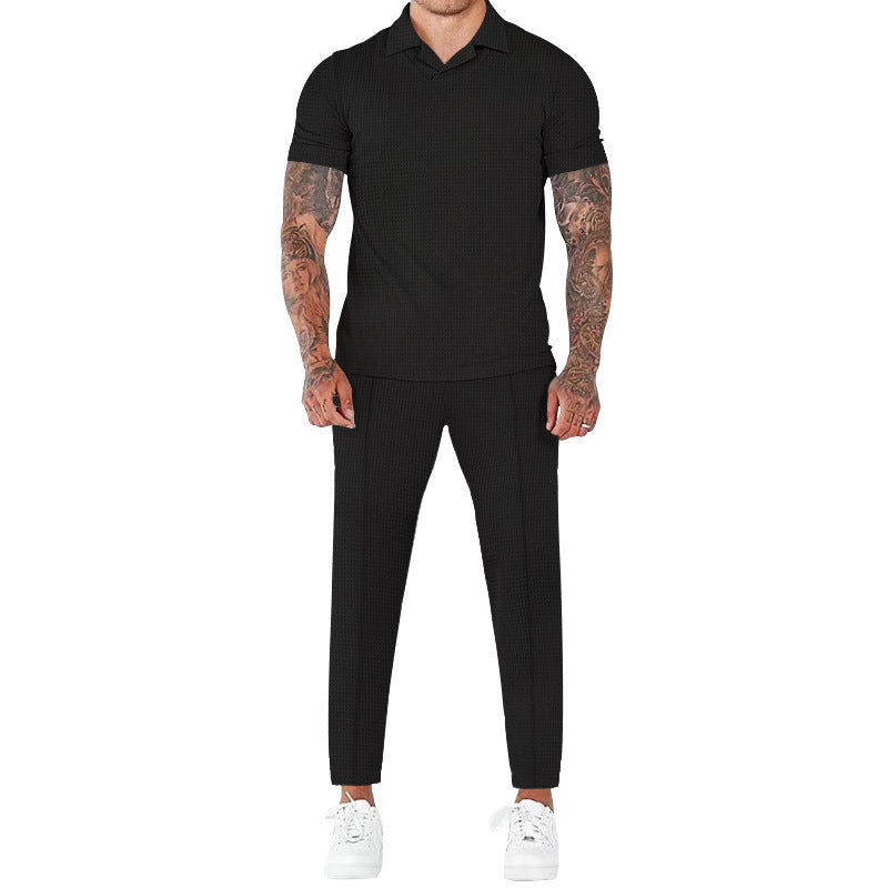 Street-wave Men's Short Sleeve Shirt and Pants Set - Elegant Structured Design with Comfort Fit