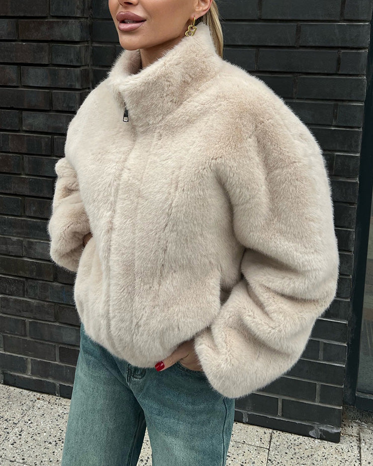 Street-Wave Plush Short Coat With Stand Collar For Trendsetting Winter Warmth And Style Transylvania Collection