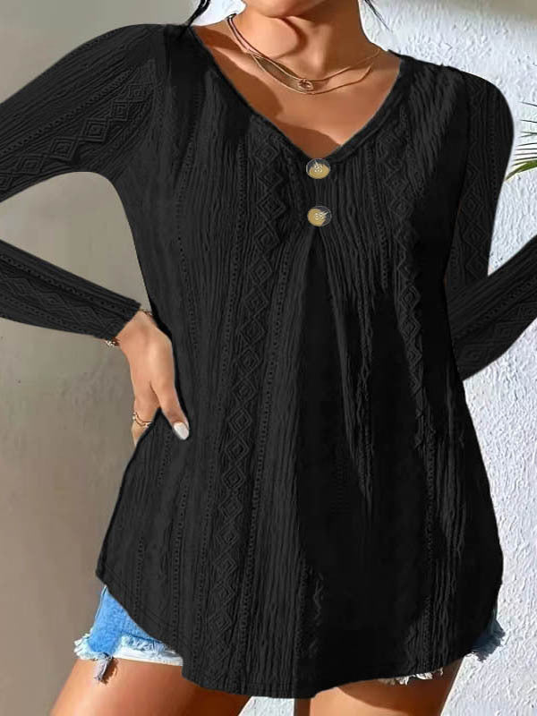 Street-wave Button-Detail Long Sleeve Top For Women Casual Knit V-Neck Shirt Everyday Wear