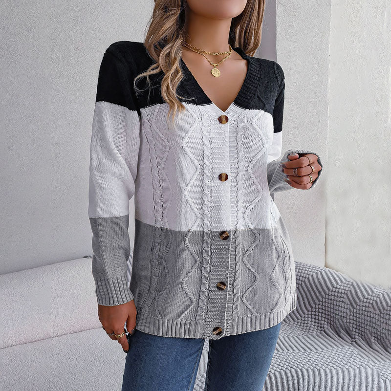 Street-wave Colorblock Knit Cardigan For Women With Cotton Acrylic Blend, Button Front, Cozy Chic