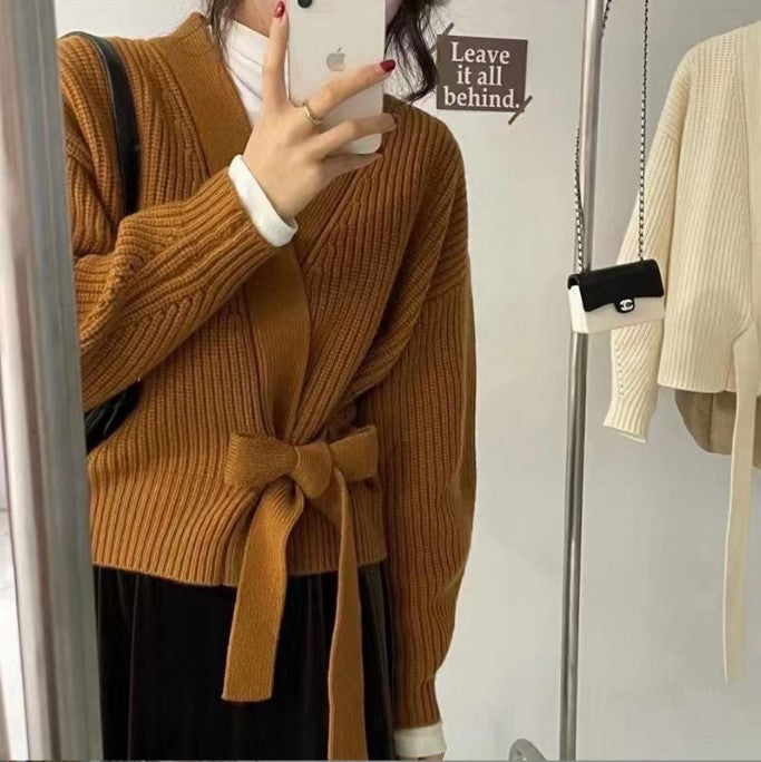 Street-wave Womens Wrap Knit Cardigan With Wide Sleeves And Tie Waist Soft Wool Warmth