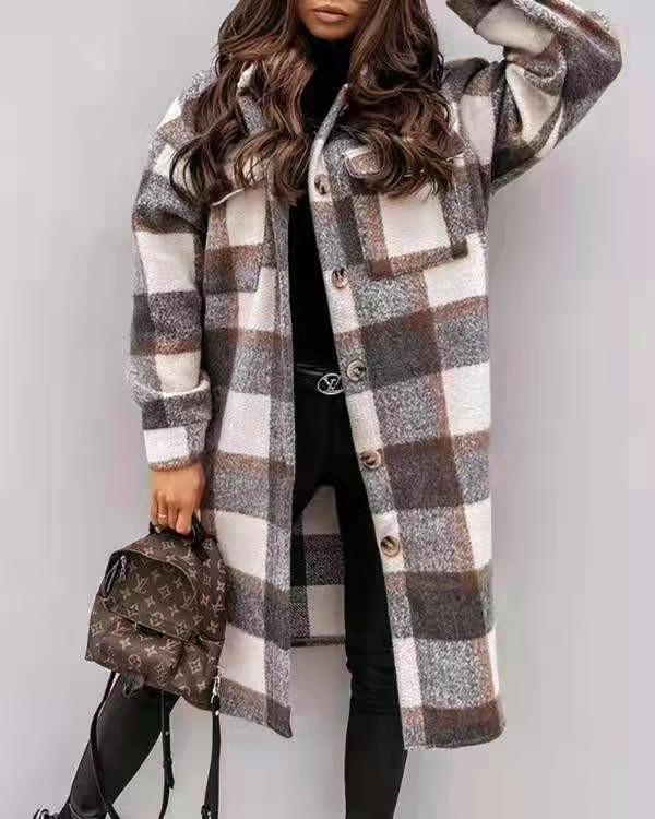 Street Wave Women's Plaid Oversized Shirt Coat With Practical Pockets For Everyday Warmth