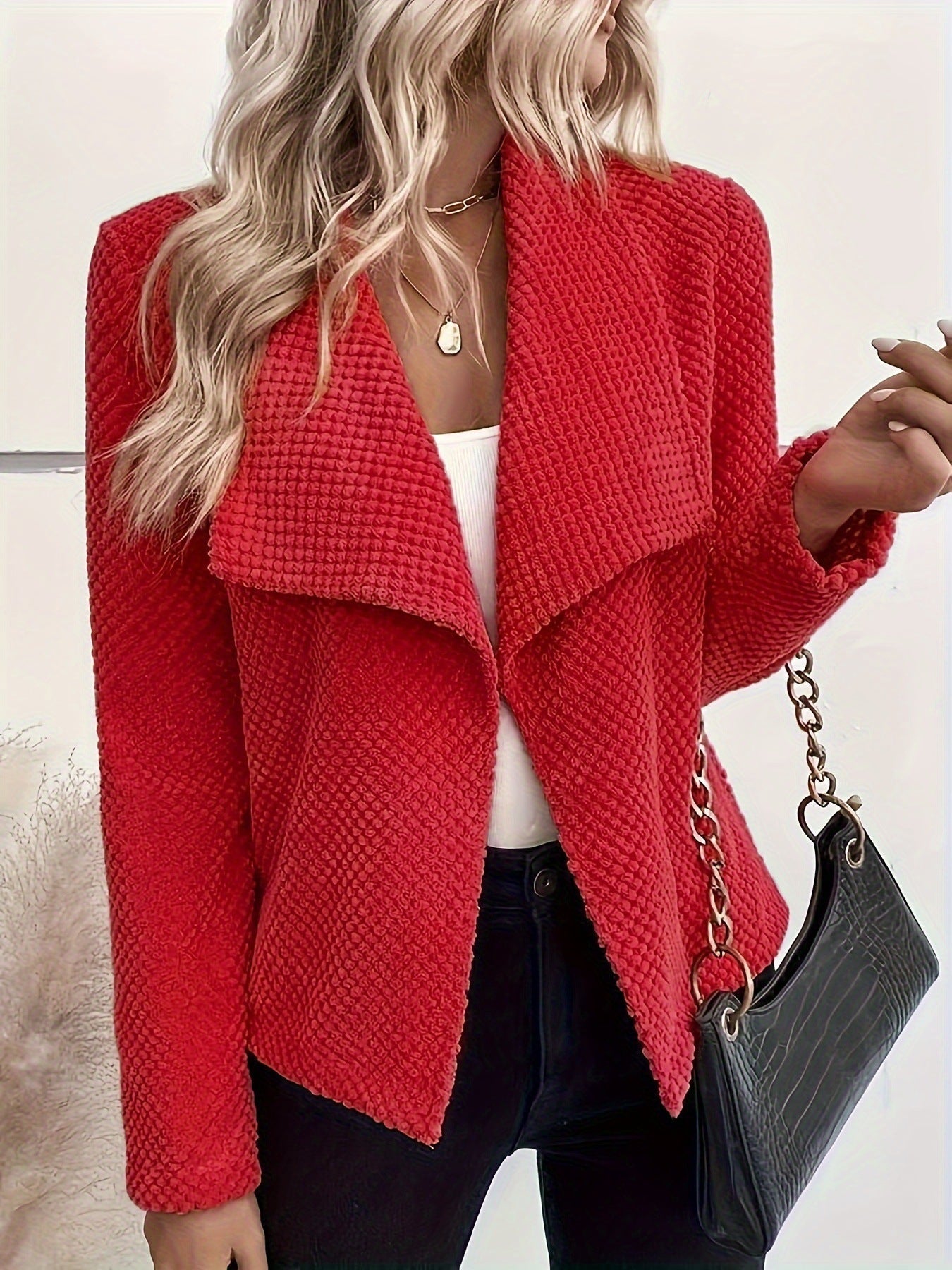 Street-Wave Waffle Knit Cropped Jacket For Women With Long Sleeves Textured Warmth Chic Streetwear