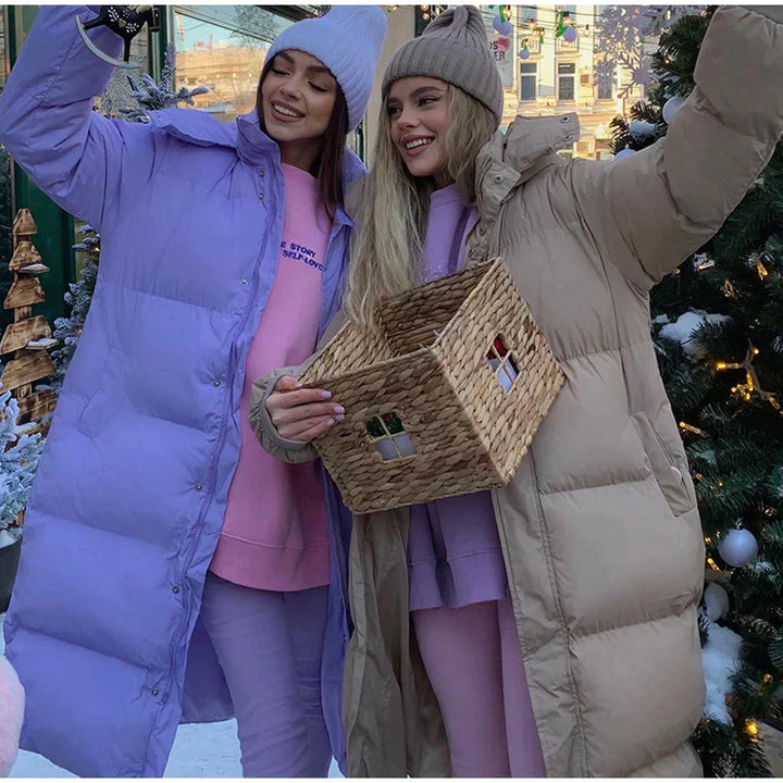 Street-Wave Long Puffer Jacket For Women, Water-Resistant Warm Winter Coat With Hood