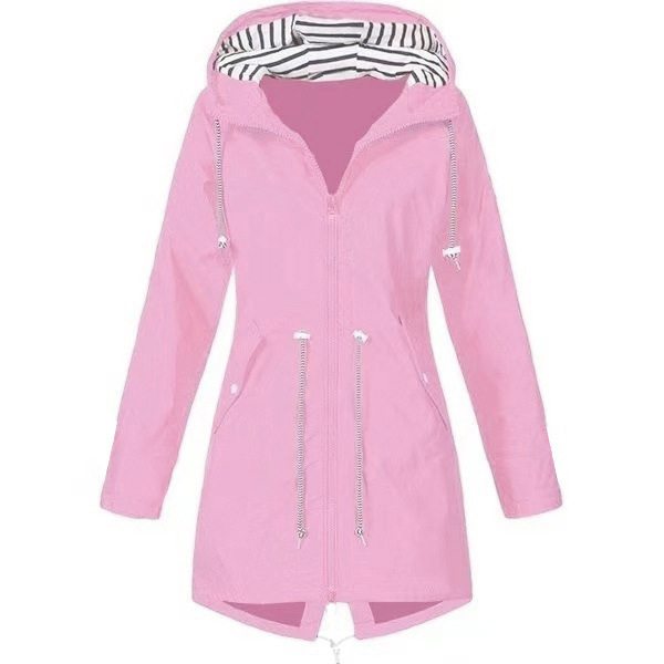 Street-wave Windproof Hooded Rain Jacket for Urban Commute With Tailored Fit and Striped Hood Lining