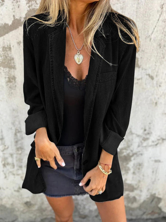 Street-Wave Denim Mid-Length Jacket With Relaxed Lapel Collar For Women Everyday Wardrobe Essential