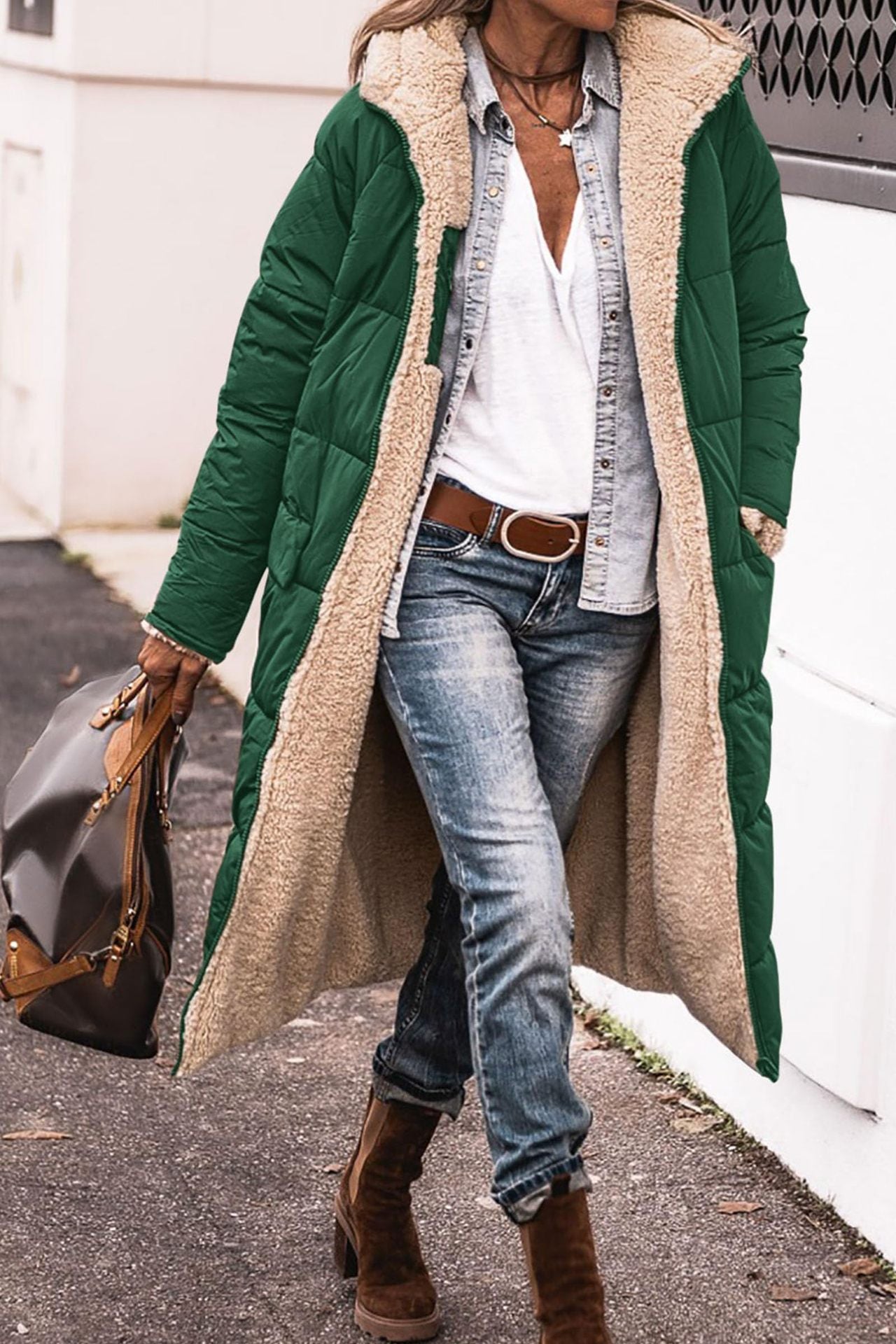 Street-Wave Womens Long Puffer Coat With Cozy Sherpa Lining For All Day Warmth And Generous Fit
