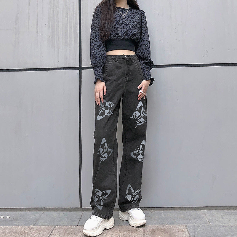 Street-Wave Women Wide Leg Jeans With Butterfly Print For Trendy Comfortable Fit