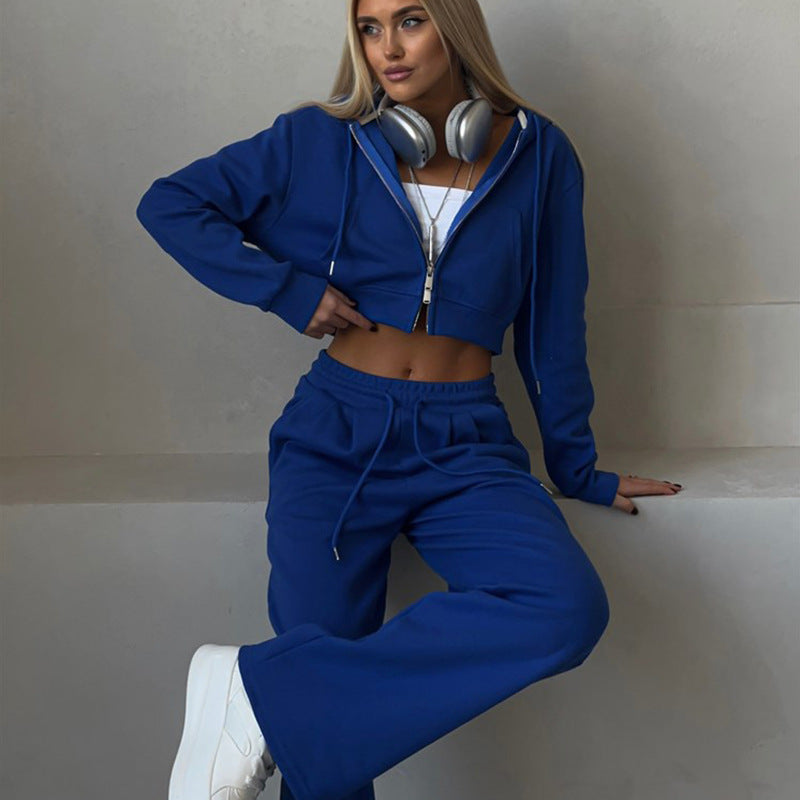 Street-wave Women’s Cropped Hoodie Set With Wide-Leg Joggers For Cozy Streetwear