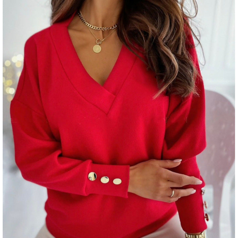 Streetwave Womens Vneck Sweater In Soft Cotton Blend With Gold Button Sleeve Detail Cozy Casual Knit