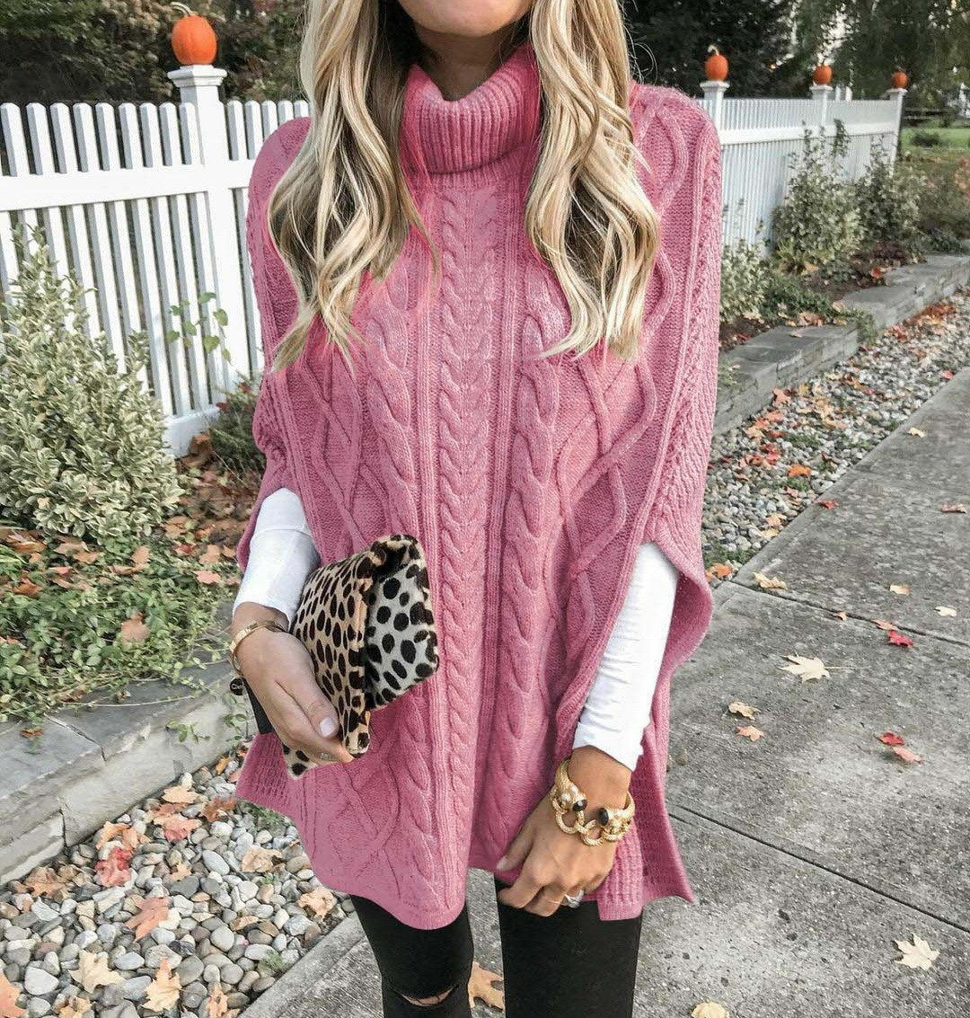 Street-Wave Women's Cable Knit Poncho With High Collar For Cozy Elegant Knitwear