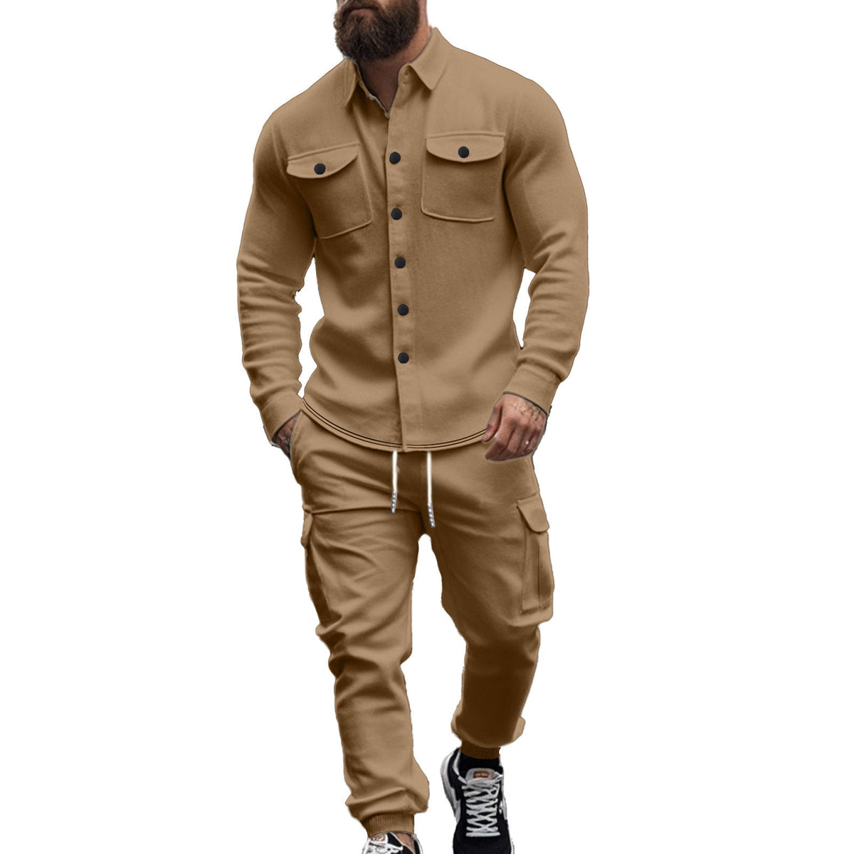 Street-wave Mens Cargo Set Shirt With Elastic Pants Comfortable Streetwear For Modern Men