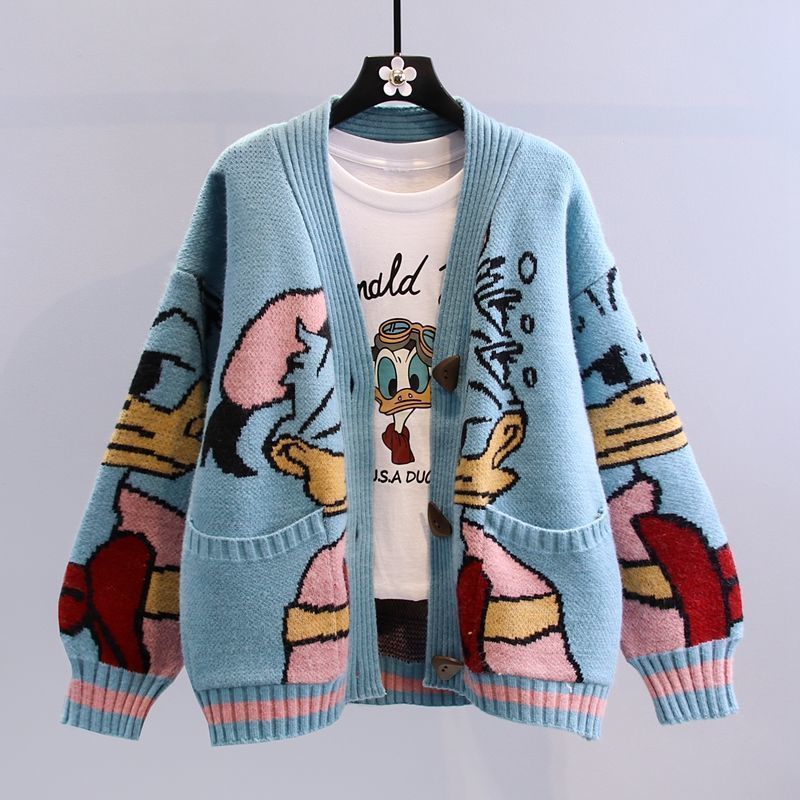 Street-wave Cartoon Design Cardigan For Women With Wide Sleeves And Pockets Cozy Warm Knitwear
