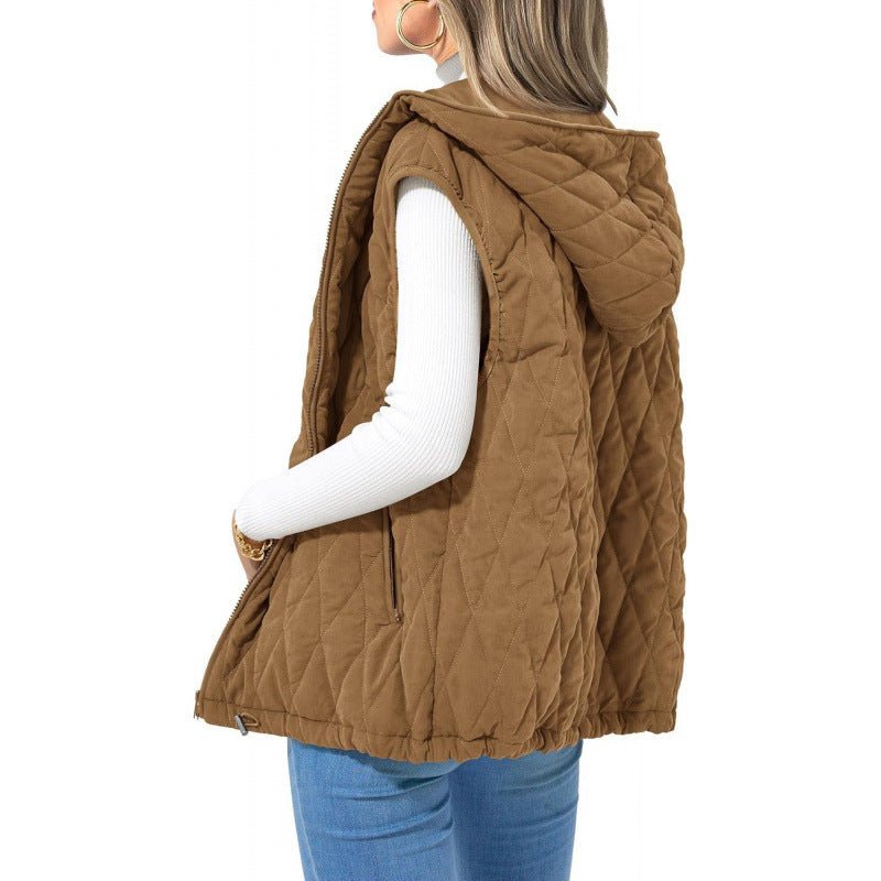 Street-Wave Women Quilted Hooded Vest With Side Zip Pockets Cozy Versatile Outerwear