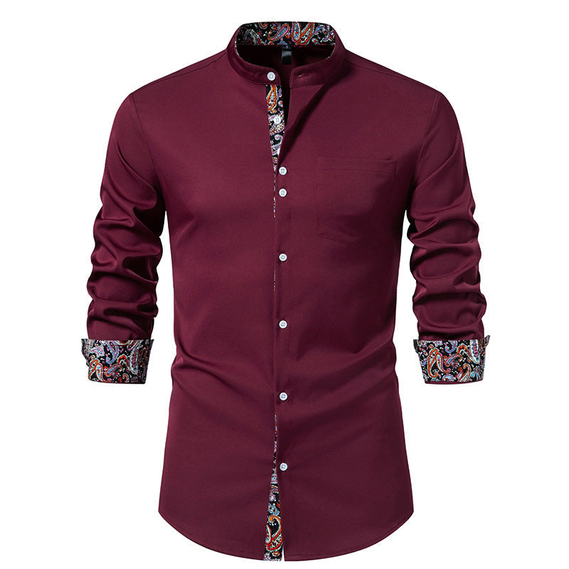 Street-Wave Men's Long Sleeve Shirt With Modern Stand Collar And Paisley Pattern For Style Conscious Men