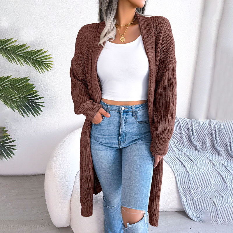 Street-wave Solid Knit Cardigan for Elegant Women With Wrap Collar Cotton Acrylic Blend Long Sleeve All Season