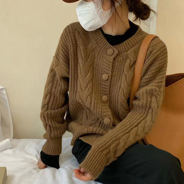 Street-wave Women's Chunky Knit Pullover With Button Placket And Elegant Cable Pattern For Cozy Winter Warmth