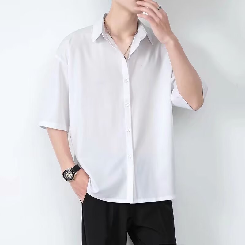 Mens Short Sleeve Black Shirt Relaxed Fit Lightweight Breathable Fabric Casual Button Closure By Street-Wave