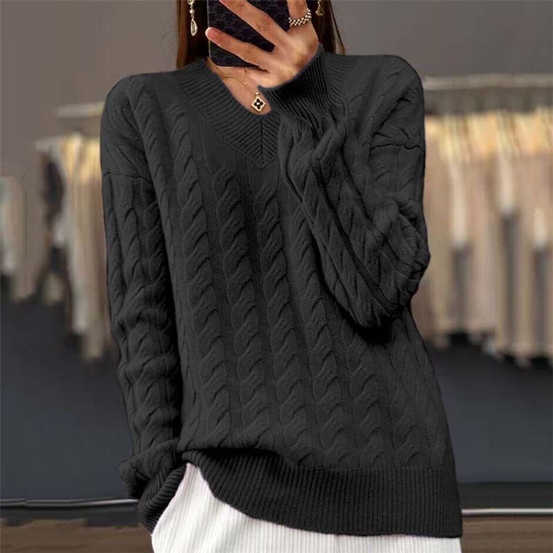 Street-wave Cable Knit Sweater for Women - Soft Warm Acrylic V-Neck Pullover, Cozy Everyday Essential