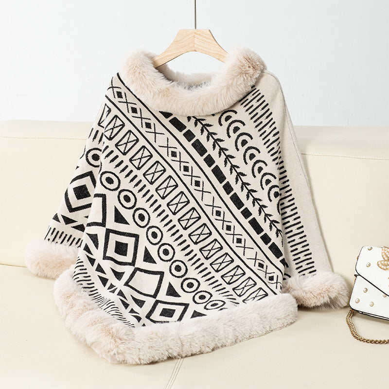 Poncho By Streetwave Womens Cozy Geometric Knit With Luxurious Faux Fur Collar Warmth