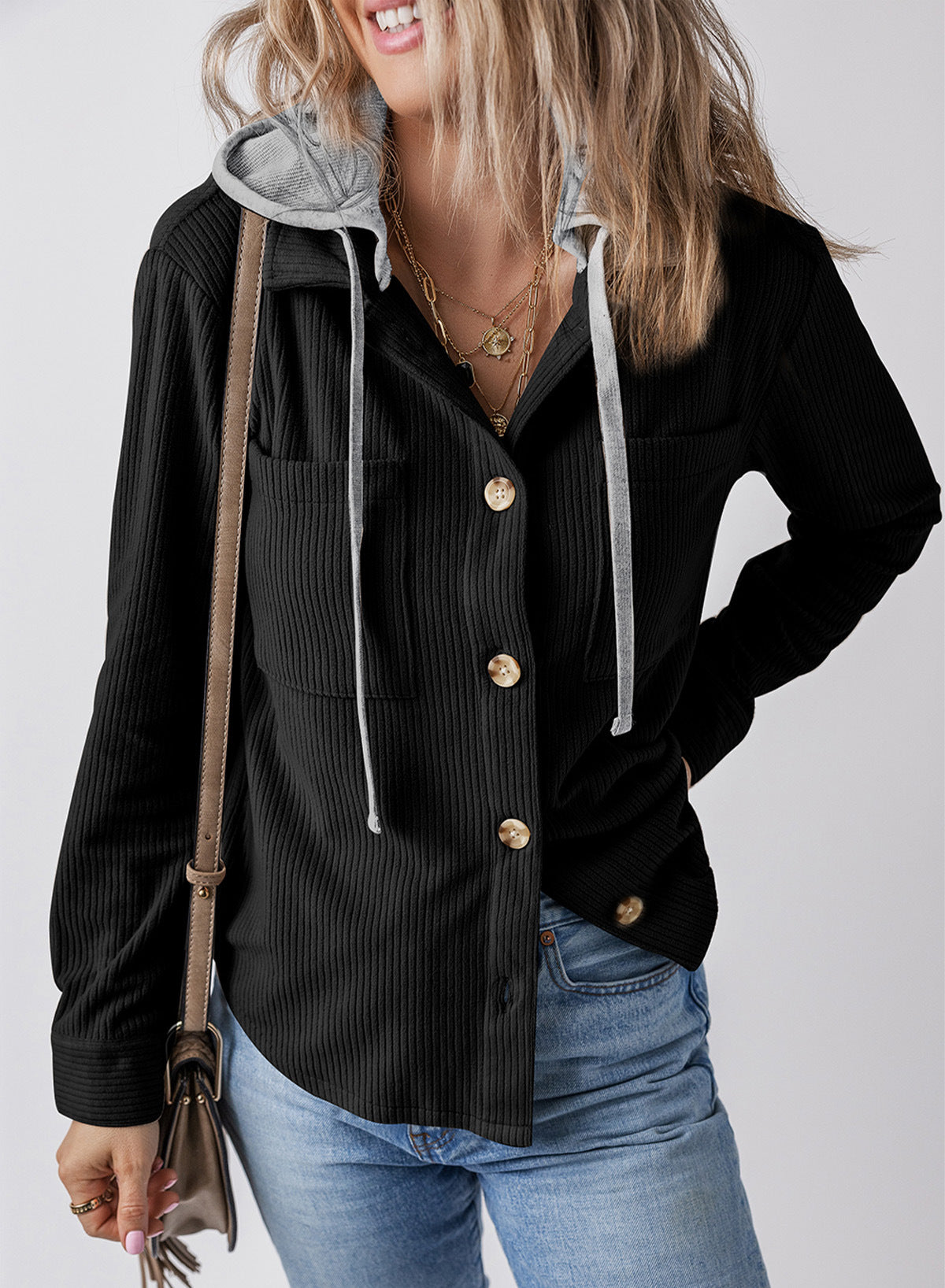 Street-Wave Versatile Hooded Jacket With Reverse Lapel And Button Closure For Streetwear Lovers