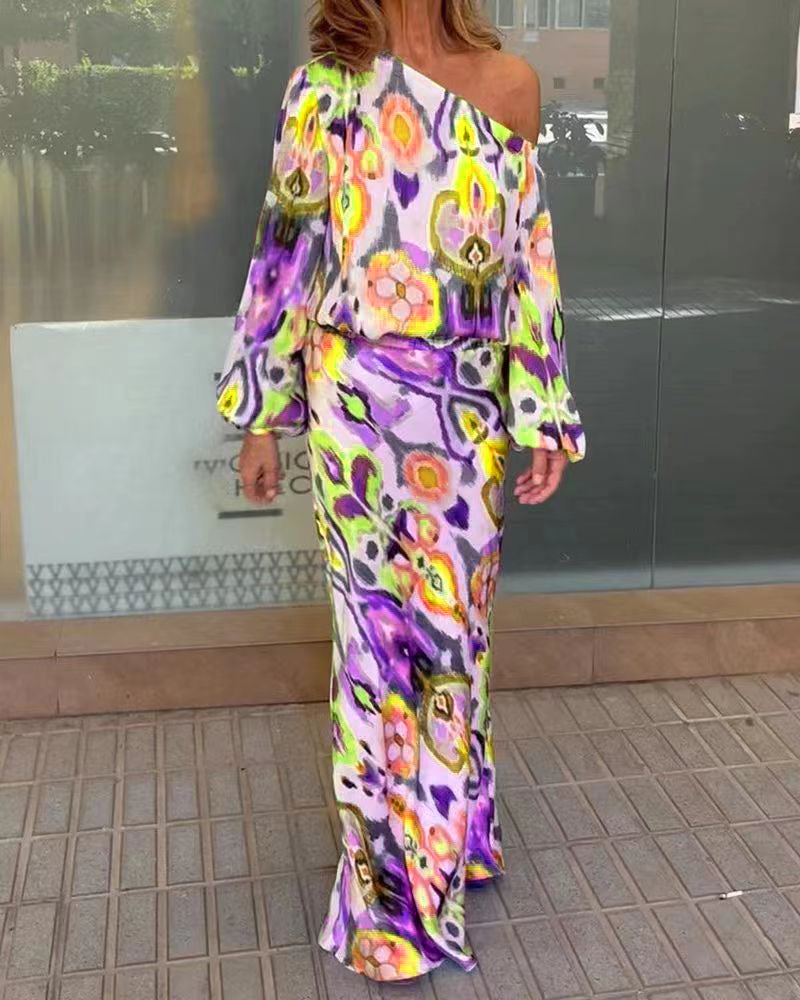 Street Wave Graphic Batik Maxi Dress Off Shoulder With Puffy Sleeves For Women Elegant Occasion