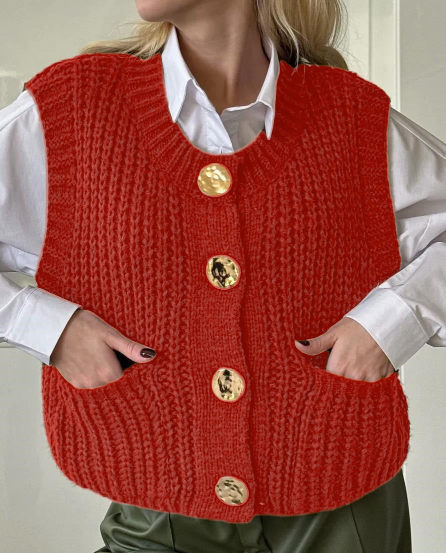Street Wave Womens Cozy Knitted Vest With Large Buttons And Practical Pockets For Everyday Comfort