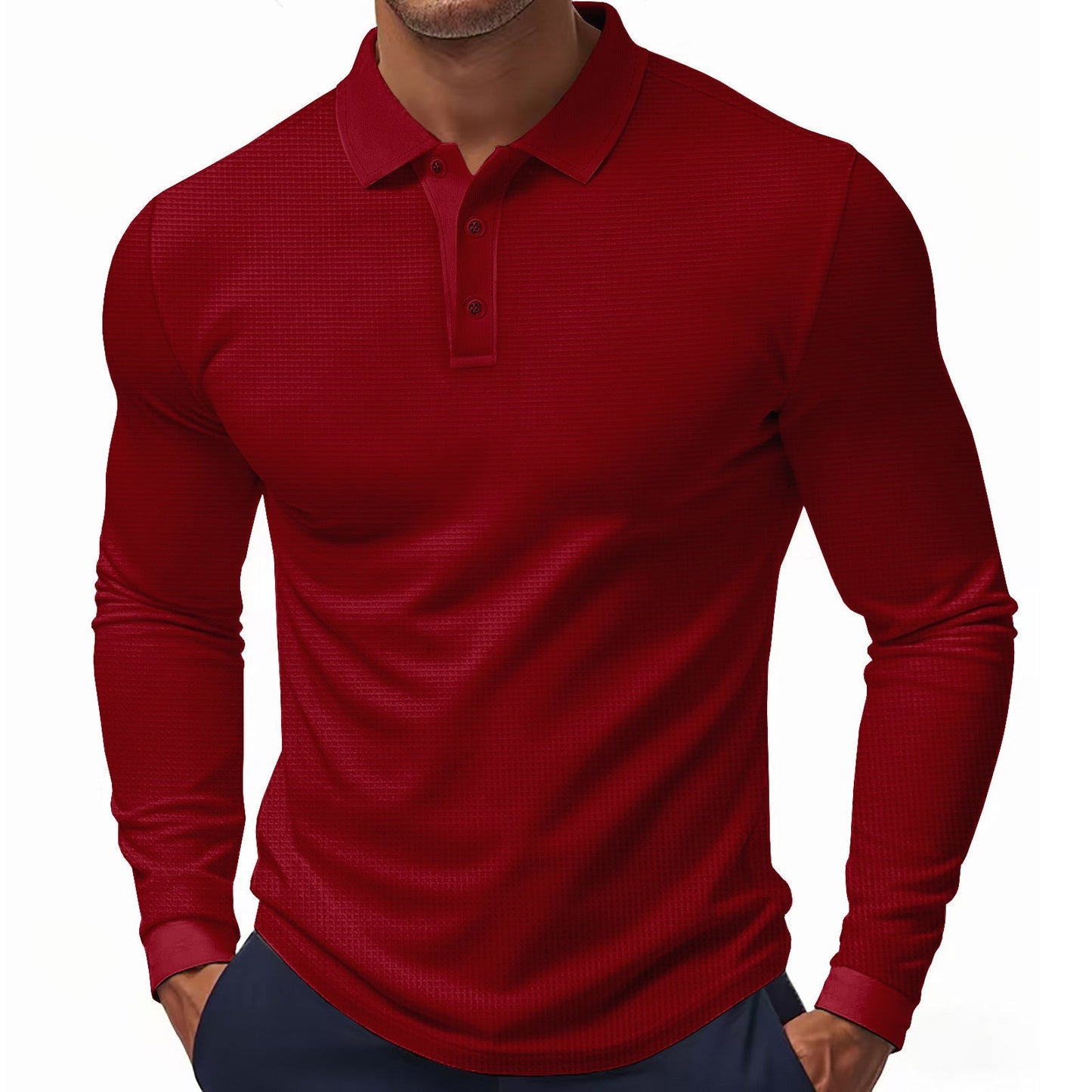 Street-Wave Men's Long Sleeve Polo Shirt With Structured Texture And Modern Fit, Breathable Comfort