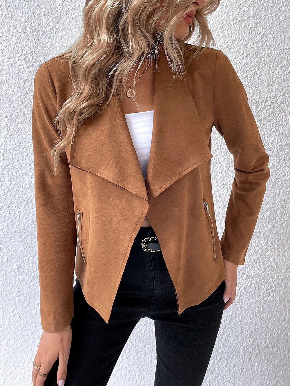 Street-Wave Cropped Suede Jacket For Women Long Sleeve Versatile Must-Have Chic Outerwear