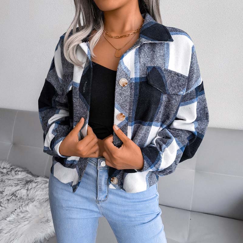 Street-Wave Women's Plaid Short Jacket With Chest Pockets Polyester Modern Wardrobe Essential
