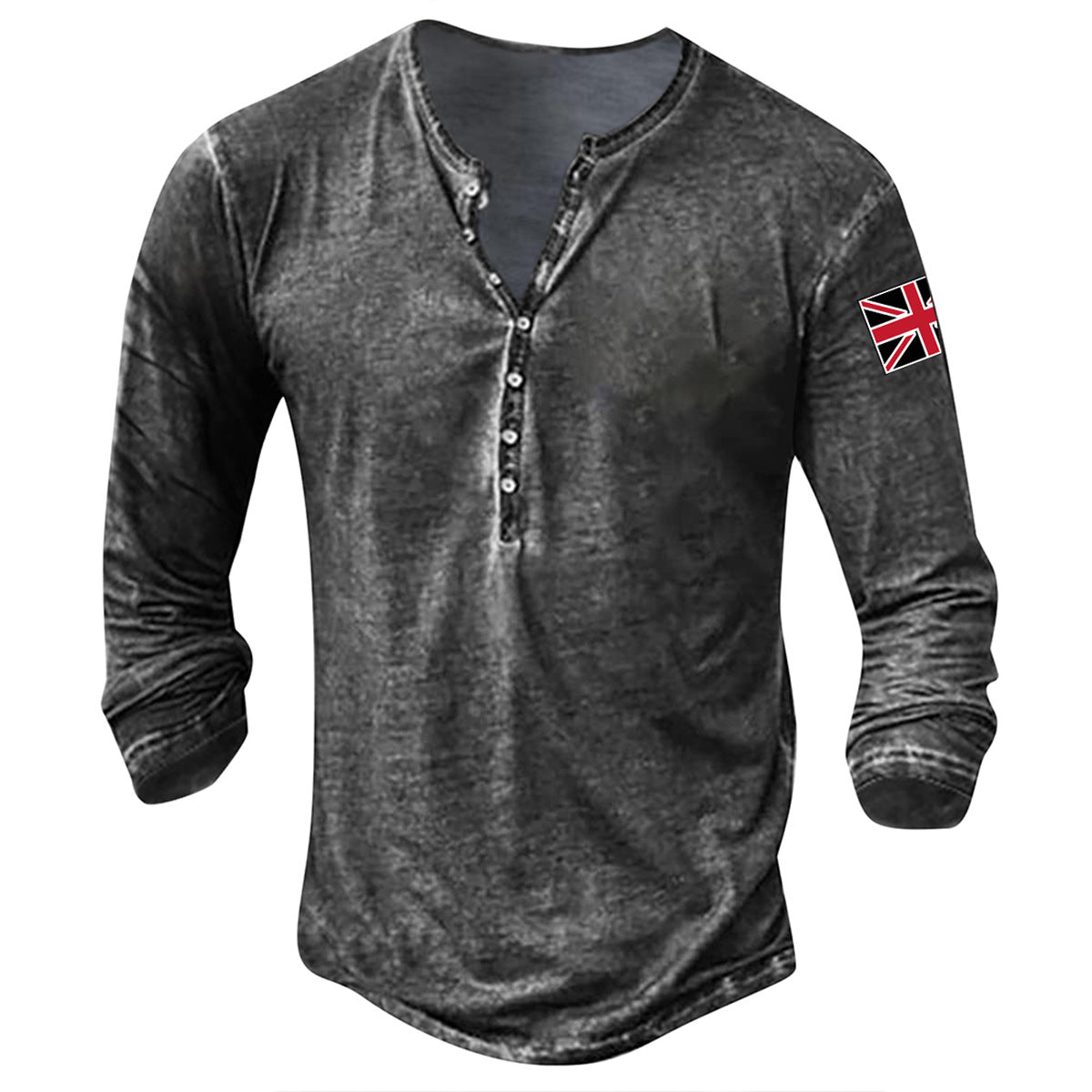 Streetwave Men's Long Sleeve Henley Shirt With Button Placket Union Jack Flag Patch