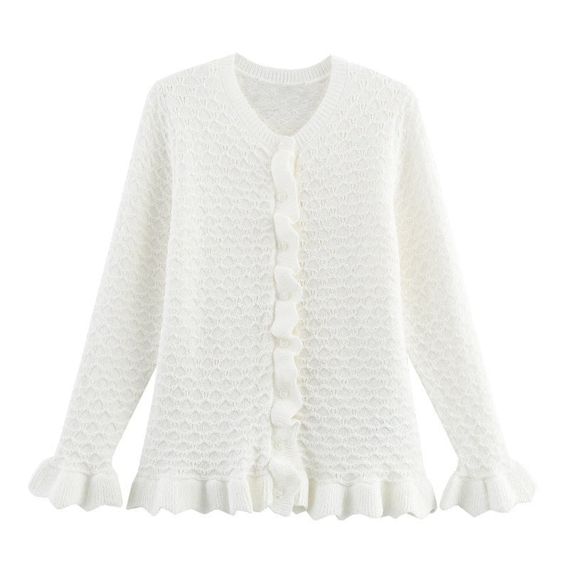 Womens Knit Cardigan With Ruffle Details And Button Front Street Wave Chic Cozy For Women Everyday Wear
