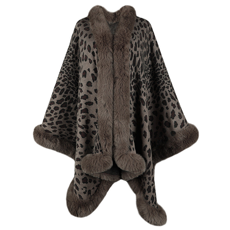 Street-Wave Leopard Print Faux Fur Trim Poncho For Women, Cozy Warmth And Luxury