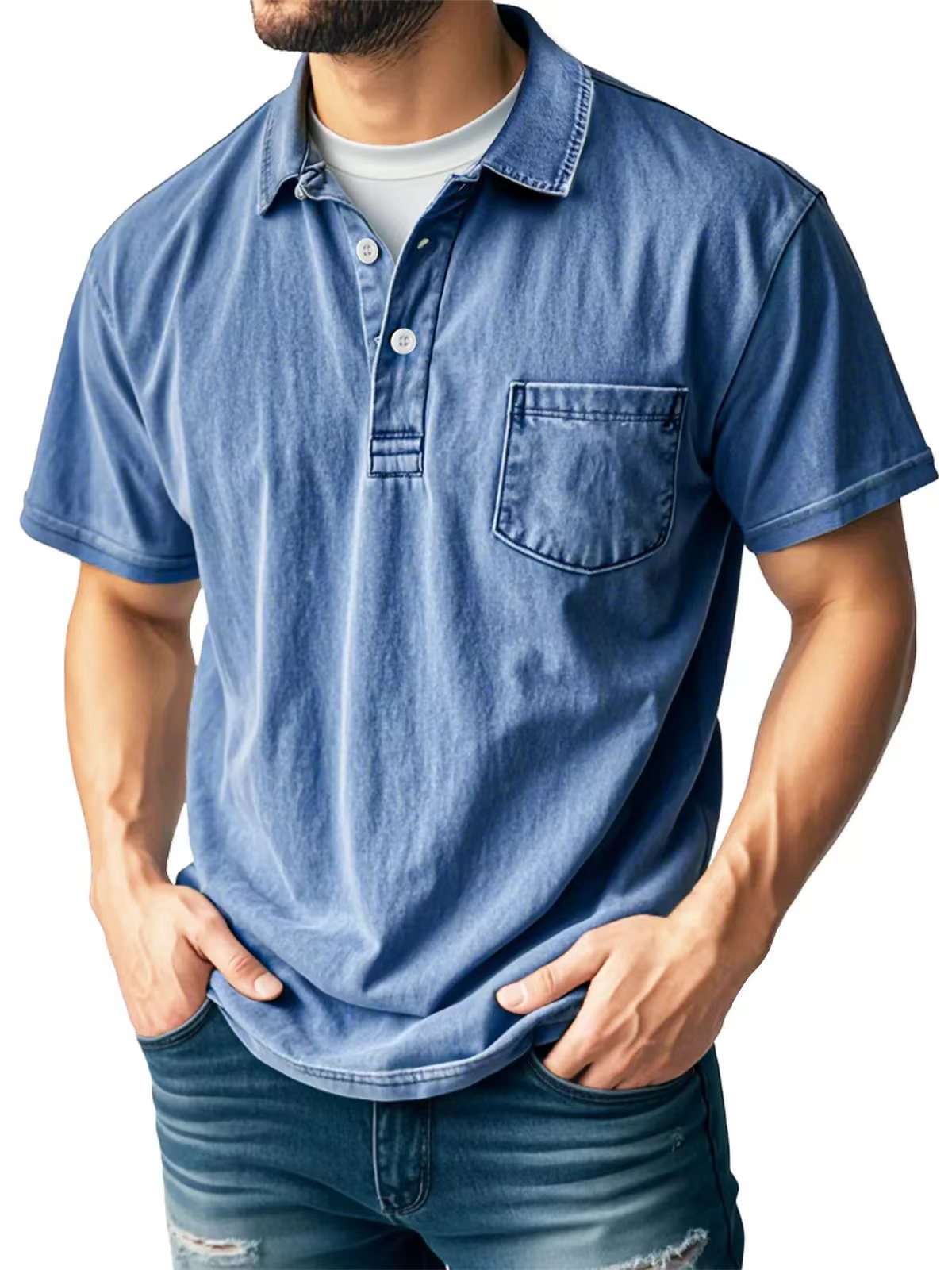 Street-Wave Mens Polo Shirt Green Relaxed Fit Short Sleeve Breathable Material Chest Pocket Casual Summer Top