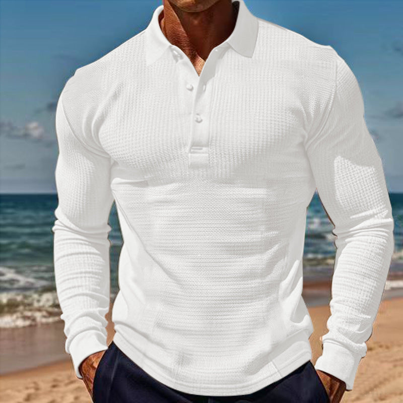 Mens Elegant Long Sleeve Polo With Button Placket Street-wave Structured Texture For Men