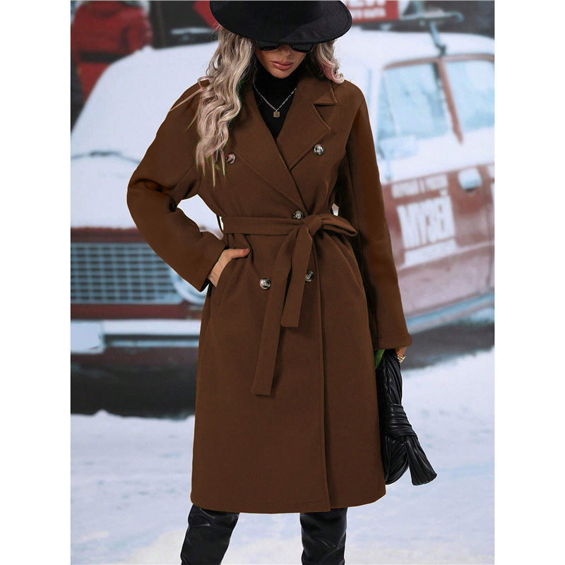 Streetwave Women Double Breasted Wool Coat Belted for Elegant Warmth and Style This Season