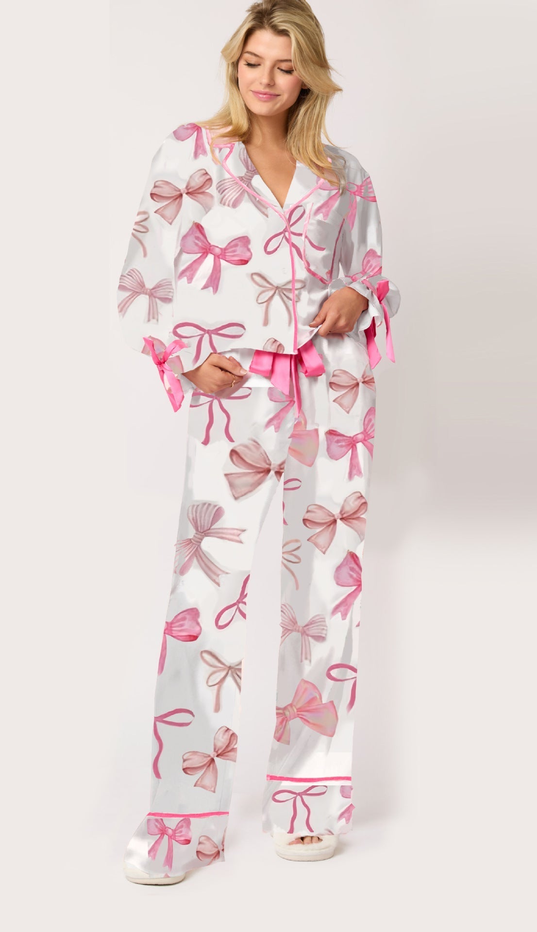Streetwave Women's Satin Pajama Set With Bow Motifs For Luxurious Comfort And Cozy Nights
